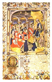 Cdex de 1488 que cont els 'Comentaris als Usatges de Barcelona'. Es representa Marquilles oferint la seva obra als 'consellers' de Barcelona, en presncia de la reina Maria. Museu d'Histria de la Ciutat de Barcelona.