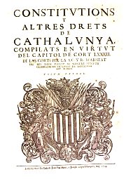 Compilaci de 'Constitucions i altres Drets de Catalunya', impresa a Barcelona el 1704. Arxiu Histric de la Ciutat - Barcelona.